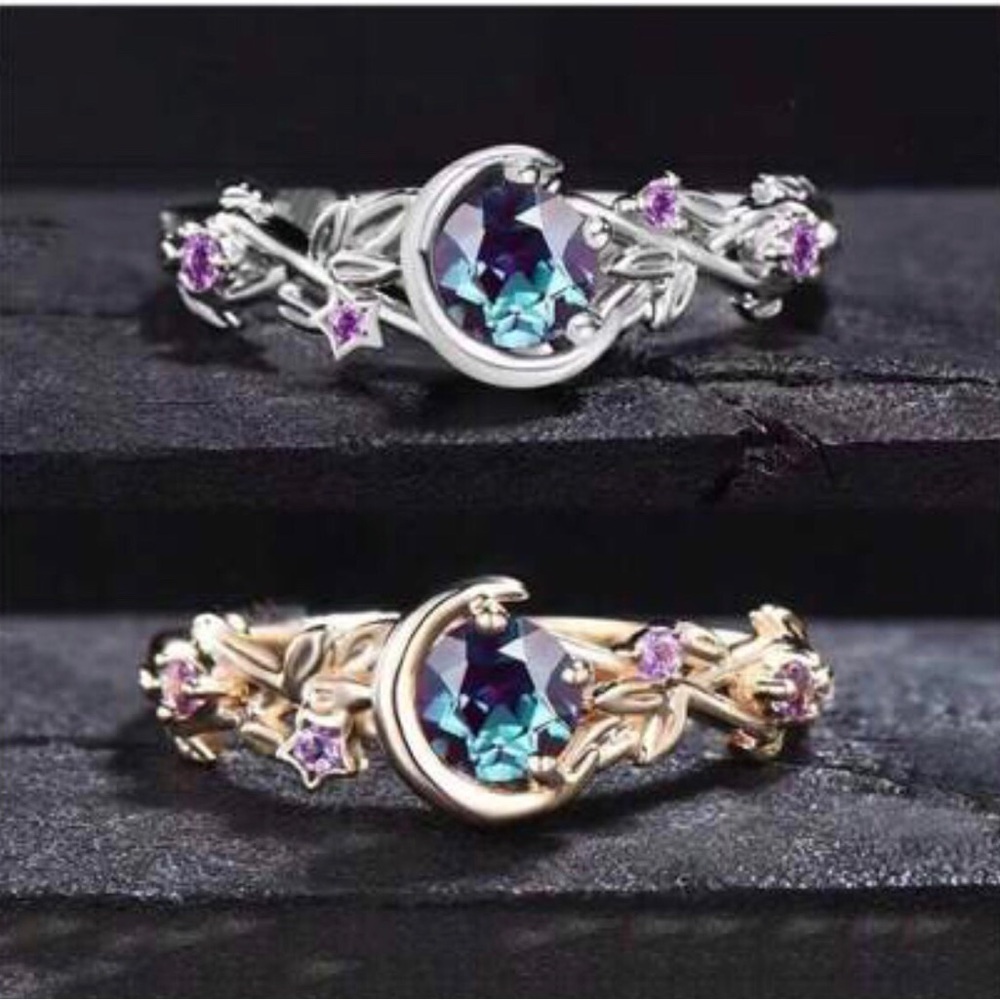 Silver and Purple Crescent Moon & star  Ring . New
